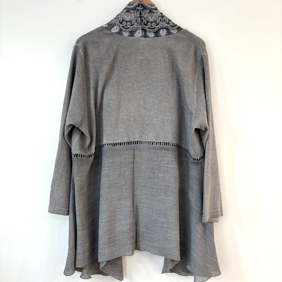 Ali Miles Lace Collar Open Front Cardigan Sweater 1X Gray Artsy Lagenlook Flowy - Picture 7 of 11